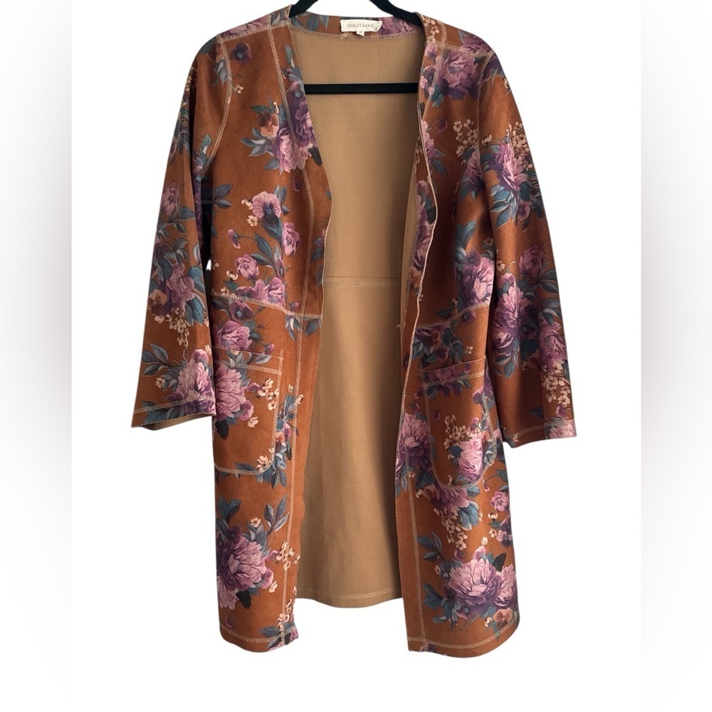 Solitaire by Ravi Khosla Faux Suede Floral Duster Cardigan Size Medium - Picture 3 of 5